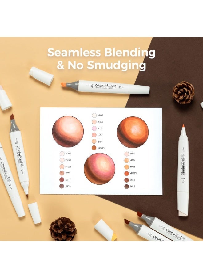 أوهوهو أقلام ماركر ذات أساس كحولي بلون البشرة بطرف رفيع وعريض دقيق، مجموعة أقلام ماركر فنية مزدوجة الرأس للفنانين البالغين، تلوين ورسم توضيحي احترافي، تصميم عصري بـ 24 لون للصور الشخصية سلسلة كالا من اوهوهو - Image 3